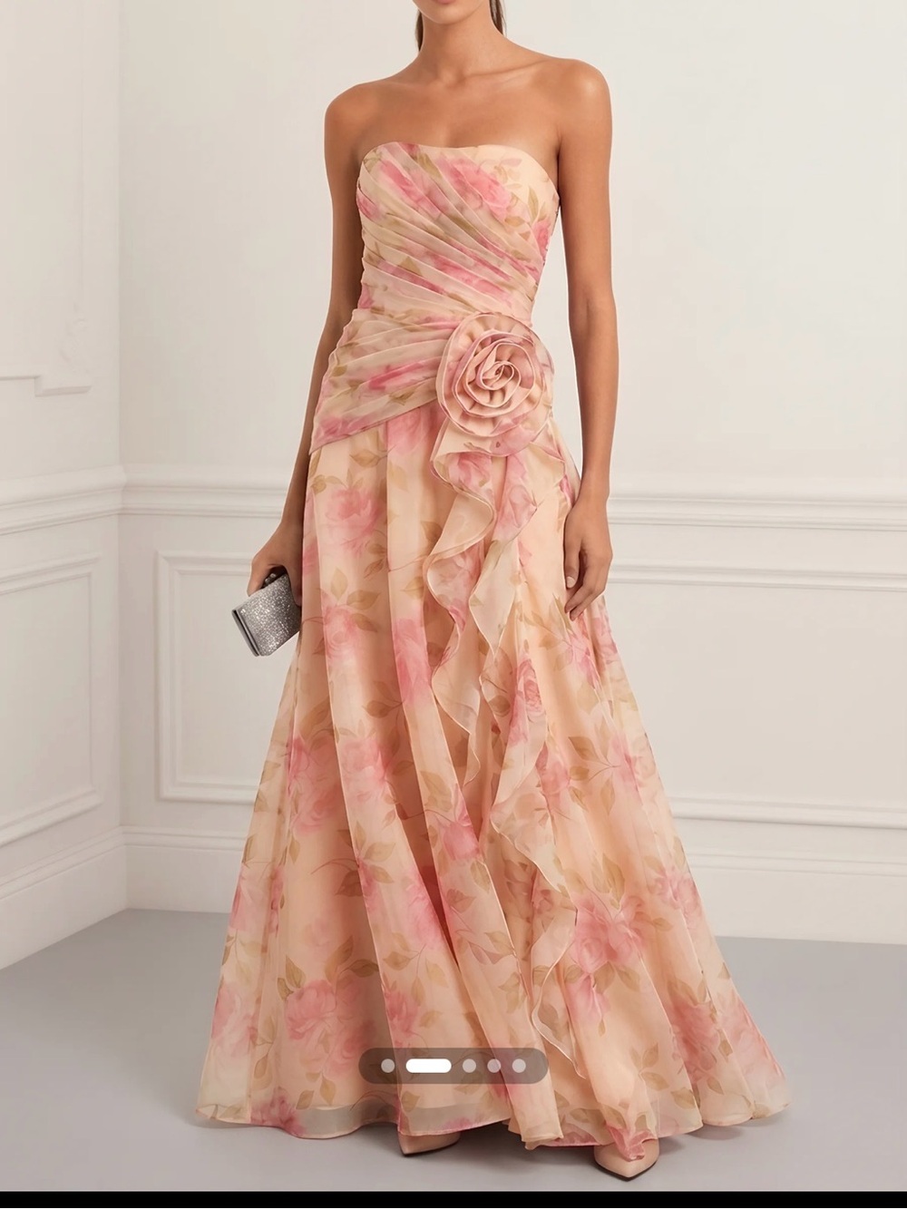 Strapless Pink Floral Organza Evening Gown with Rose Accent